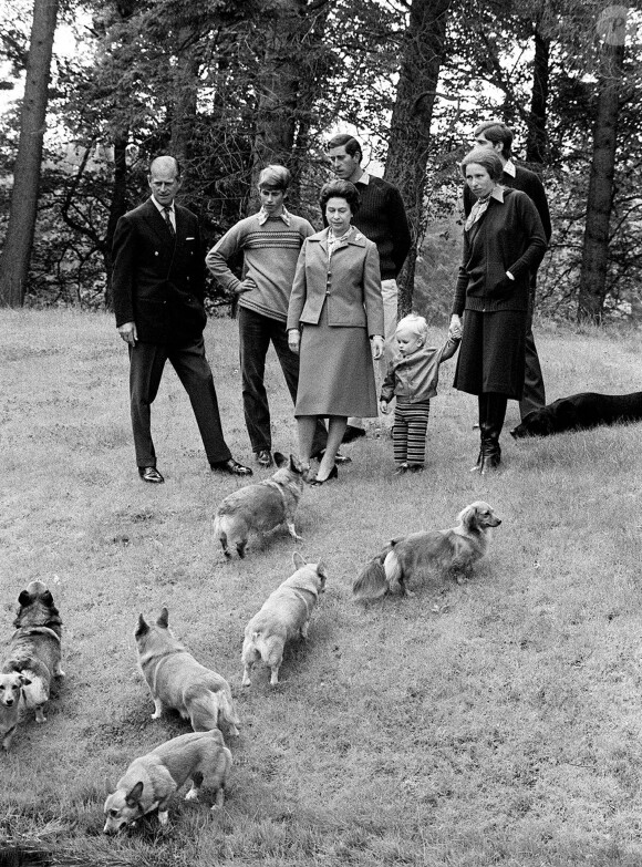 La reine Elizabeth II en famille avec ses corgis et dorgis en 1979 dans le parc du château de Balmoral, en Ecosse.