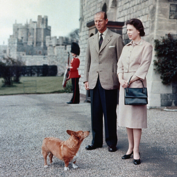 La reine Elizabeth II et le duc d'Edimbourg avec l'un de leurs corgis, Sugar, en juin 1959 à Windsor.