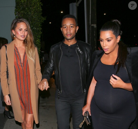 Chrissy Teigen, John Legend et Kim Kardashian à la sortie du restaurant Giorgio Baldi à Los Angeles le 21 novembre 2015