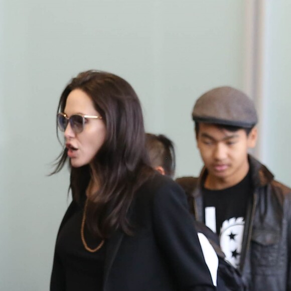 Brad Pitt, sa femme Angelina Jolie et leurs enfants Maddox, Pax, Zahara, Shiloh, Vivienne et Knox prennent l'avion à l'aéroport de Los Angeles pour venir passer quelques jours dans leur propriété de Miraval, le 6 juin 2015.