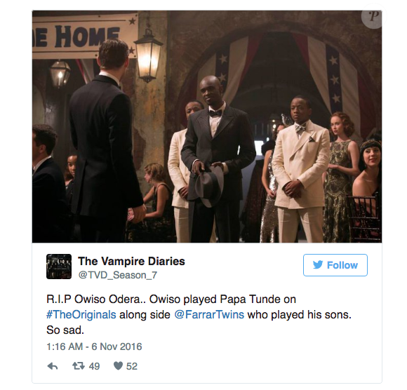 L'équipe des séries Vampire Diaries et The Originals rend hommage à son acteur disparu, le 4 novembre 2016, sur les réseaux sociaux, écrivant en légende de sa photo : "R.I.P Owiso Odera, c'est tellement triste."