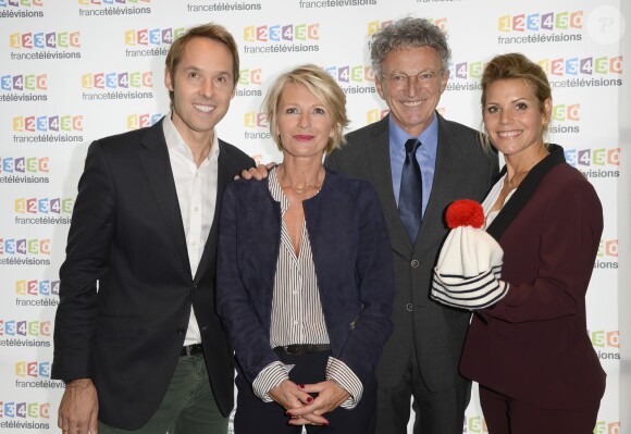 Damien Thévenot, Sophie Davant, Nelson Monfort, Laura Tenoudji à la conférence de presse du Téléthon 2015, à France Télévisions à Paris le 4 novembre 2015.