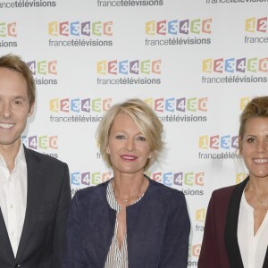Damien Thévenot, Sophie Davant, Laura Tenoudji à la conférence de presse du Téléthon 2015, à France Télévisions à Paris le 4 novembre 2015.