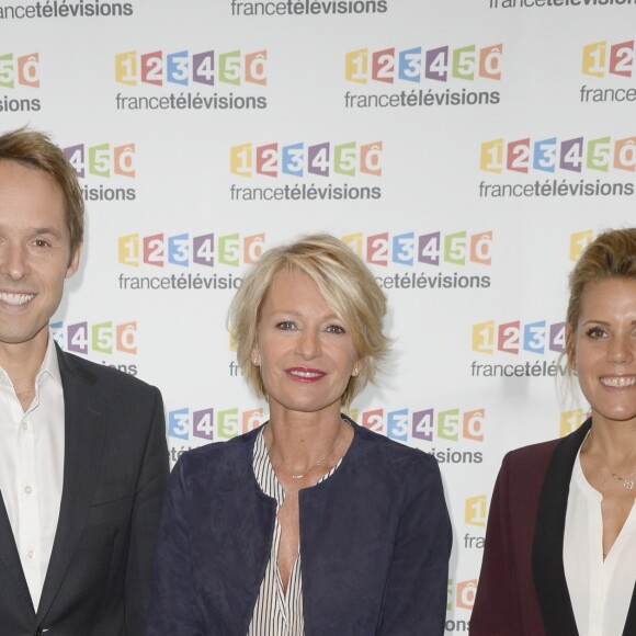 Damien Thévenot, Sophie Davant, Laura Tenoudji à la conférence de presse du Téléthon 2015, à France Télévisions à Paris le 4 novembre 2015.