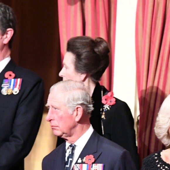 Le vice-amiral Timothy Laurence, la princesse Anne, le prince Charles, Camilla Parker-Bowles, duchesse de Cornouailles, le prince Andrew lors de la soirée du Festival Royal du Souvenir, dédié à la commémoration des victimes de guerres, au Royal Albert Hall à Londres, le 12 novembre 2016.