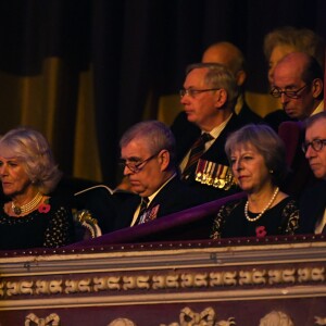 Le prince Charles, Camilla Parker Bowles, le prince Andrew, Theresa May et son mari Philip May lors de la soirée du Festival Royal du Souvenir, dédié à la commémoration des victimes de guerres, au Royal Albert Hall à Londres, le 12 novembre 2016.