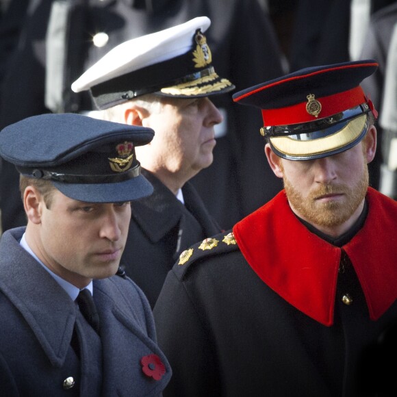 Le prince William, le prince Harry et le prince Andrew se recueillant au Cénotaphe de Whitehall le 13 novembre 2016 à Londres, lors des commémorations du Dimanche du Souvenir (Remembrance Sunday).