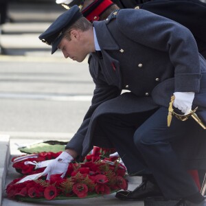 Le prince William et le prince Harry déposent des gerbes de coquelicots au Cénotaphe de Whitehall le 13 novembre 2016 à Londres, lors des commémorations du Dimanche du Souvenir (Remembrance Sunday).