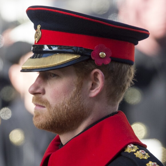 Le prince Harry au Cénotaphe de Whitehall le 13 novembre 2016 à Londres, lors des commémorations du Dimanche du Souvenir (Remembrance Sunday).