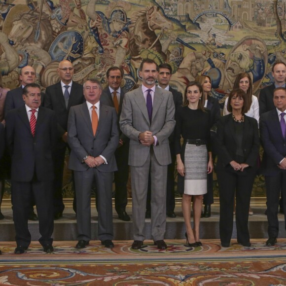 La reine Letizia et le roi Felipe VI d'Espagne ont reçu en audience au Palais de la Zarzuela à Madrid le 18 novembre 2016 une délégation de la TVE à l'occasion des 60 ans de la société de télévision publique.