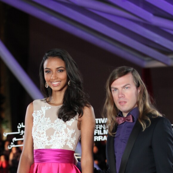 Flora Coquerel, Miss France 2014, (robe Christophe Guillarmé) et Christophe Guiilarmé lors de la 16ème édition du Festival International du Film de Marrakech, Maroc, le 6 décembre 2016.