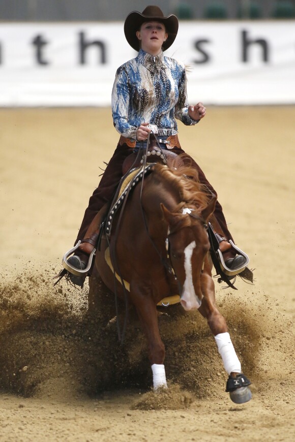 Gina Maria Schumacher, la fille de Michael Schumacher, lors d'une épreuve de Western Riding pendant la compétition de chevaux NRHA European Futurity, à Kreuth, le 20 avril 2015.