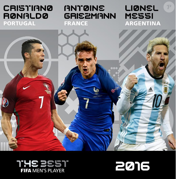 Cristiano Ronaldo, Antoine Griezmann et Lionel Messi, tous les trois prétendants au titre de "Joueur de la FIFA 2016".