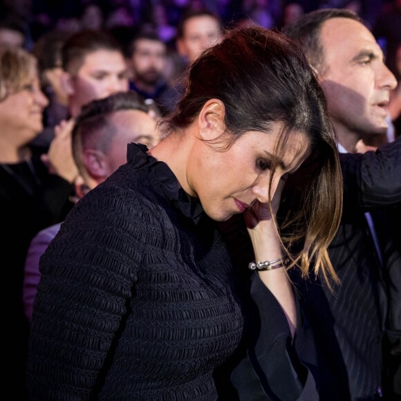 Exclusif - Karine Ferri, Nikos Aliagas et Pierre Lemarchal lors de la soirée hommage Grégory Lemarchal : Dix ans après, l'histoire continue, le 7 janvier 2017 au Zénith de Paris et sur TF1 (réalisation DMLS TV), au profit de la construction d'une maison d'accueil pour les patients atteints de la mucoviscidose. © Cyril Moreau/Bestimage