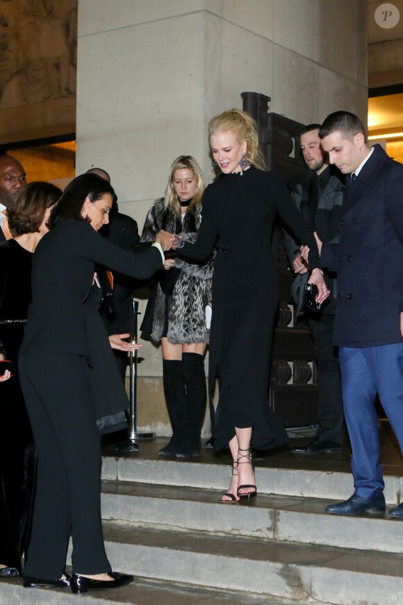 Roberta Armani et Nicole Kidman sortant du défilé de mode Haute-Couture printemps-été 2017 "Giorgio Armani Privé" au Palais de Chaillot à Paris le 24 janvier 2017.