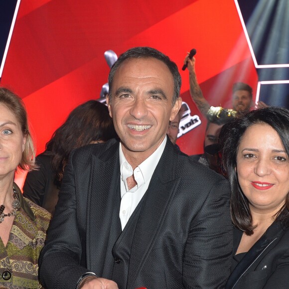 Reyniès (présidente de Grévin International), Nikos Aliagas lors de l'inauguration du tout nouvel espace dédié à l'émission de The Voice, la plus belle voix au musée Grévin à Paris, France, le 7 février 2017. © Veeren/Bestimage