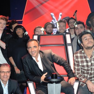 Nikos Aliagas, Amir Hadda et des anciens candidats de The Voice: Manon Trinquier, Mohamed Belkir, Elliott Schmitt, Awa Sy, Mathilde, Yoann Pinna, Guilhem Valave, Alexandre Carcelen, Yoann Lauray, Guilhem Valave, Alvy Zame et Diem lors de l'inauguration du tout nouvel espace dédié à l'émission de The Voice, la plus belle voix au musée Grévin à Paris, France, le 7 février 2017. © Veeren/Bestimage