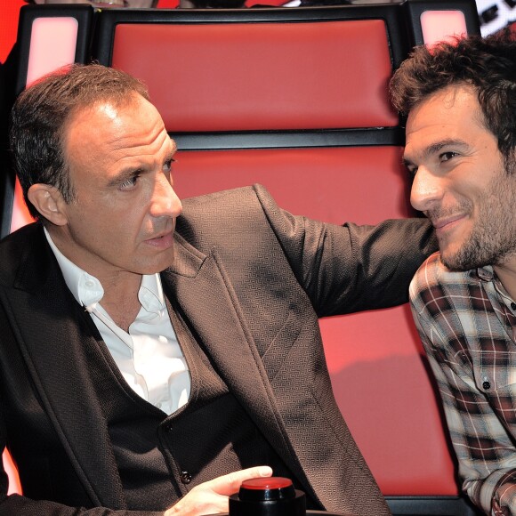 Nikos Aliagas et Amir Hadda lors de l'inauguration du tout nouvel espace dédié à l'émission de The Voice, la plus belle voix au musée Grévin à Paris, France, le 7 février 2017. © Veeren/Bestimage