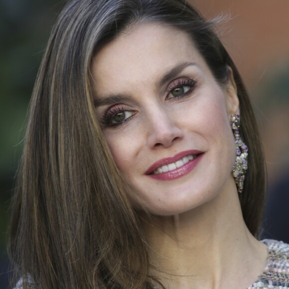 Le roi Felipe VI et la reine Letizia d'Espagne lors de l'inauguration de l'exposition "Chefs-d'oeuvre de Budapest, de la Renaissance aux avant-gardistes" au musée Thyssen-Bornemisza à Madrid, le 17 février 2017, en compagnie du président hongrois János Áder et sa femme Anita Herczegh.