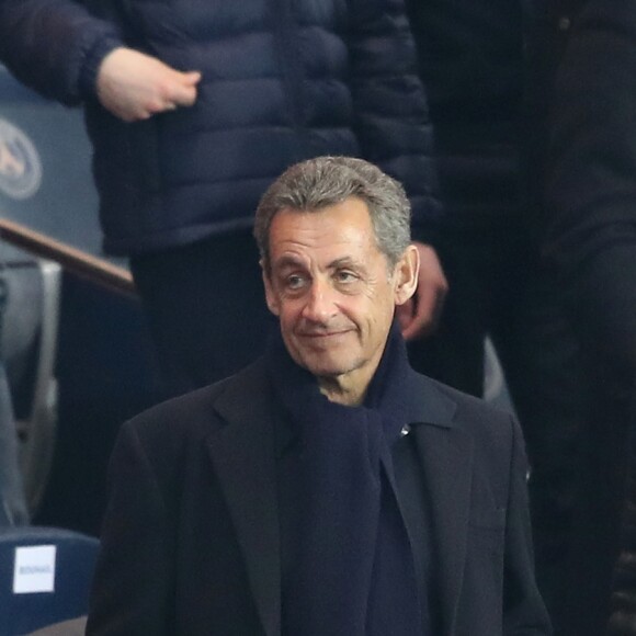 Pierre Sarkozy, Nicolas Sarkozy et Axel Tony (Axel Tonye) dans les tribunes lors du match de Ligue 1 Paris Saint-Germain - Toulouse FC au parc des Princes à Paris, France, le 19 février 2017. Le PSG fait match nul 0-0 contre le TFC. © Cyril Moreau/Bestimage