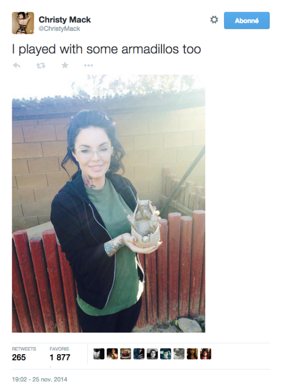 Christy Mack, photo Twitter en novembre 2014. Trois mois après avoir été tabassée par War Machine et après plusieurs opérations du visage, elle reprenait goût à la vie dans un parc zoologique.