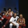 Plateau de l'émission Gym Tonic, Davina Delor, André Courrèges et Véronique de Villèle le 6 octobre 1983.