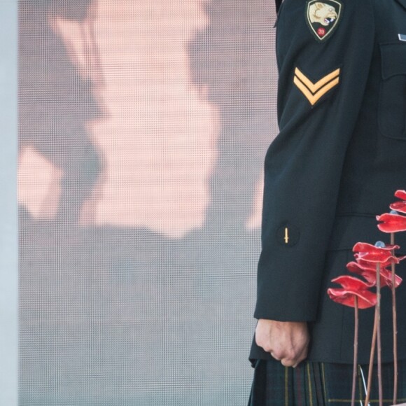 Le prince Harry d'Angleterre dépose des coquelicots et des bottes de soldat en mémoire des nombreux jeunes hommes tués dans la bataille de Vimy lors des commémorations des 100 anse la bataille de Vimy, (100 ans jour pour jour, le 9 avril 1917) dans laquelle de nombreux Canadiens ont trouvé la mort lors de la Première Guerre mondiale, au Mémorial national du Canada, à Vimy, France, le 9 avril 2017.