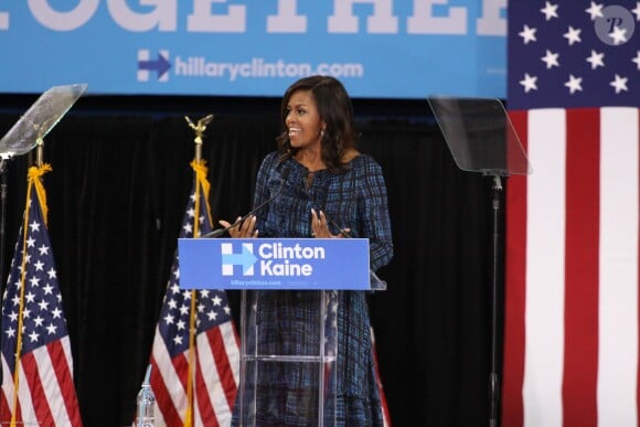 Michelle Obama en plein discours devant les étudiants de l'université de LaSalle à Philadelphie, le 28 septembre 2016