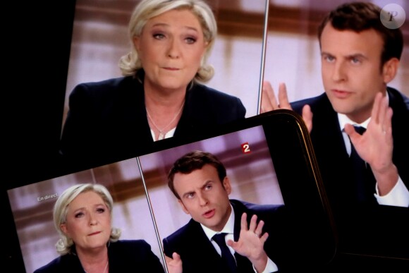 Illustration du débat de l'entre-deux-tours entre les deux candidats, Marine Le Pen (candidate du parti ''Front National") et Emmanuel Macron (candidat du mouvement ''En marche !'') à Saint-Denis, le 3 mai 2017. © Patrick Bernard/Bestimage
