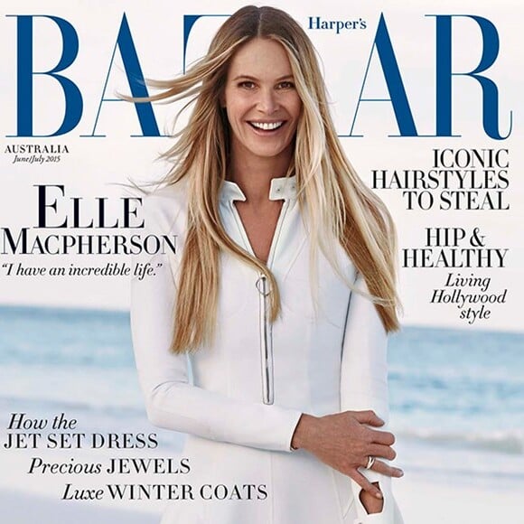 Elle Macpherson en couverture du magazine Harper's BAZAAR Australia. Juin/juillet 2015.