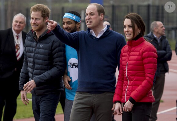 Le prince Harry, le prince William, duc de Cambridge et Catherine Kate Middleton, duchesse de Cambridge participent au "2017 Money London Marathon Training Day" au parc olympique Reine Elizabeth à Londres le 5 février 2017