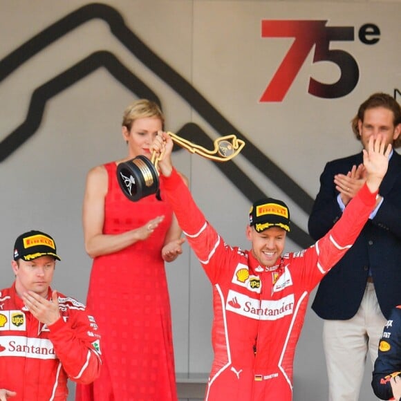 Podium vainqueur Sébastian Vettel, 2éme Kimi Raikkonen, 3ème Daniel Ricciardo. Au fond de gauche à droite: Serge Telle, Pierre Casiraghi, la princesse Charlène de Monaco, le prince Albert II de Monaco , Andrea Casiraghi, Michel Boéri, président Automobile club de Monaco - 75e Grand Prix F1 de Monaco, le 28 mai 2017. © Michael Alesi / Bestimage