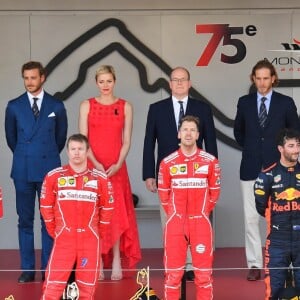 Podium vainqueur Sébastian Vettel, 2éme Kimi Raikkonen, 3ème Daniel Ricciardo. Au fond de gauche à droite: Serge Telle, Pierre Casiraghi, la princesse Charlène de Monaco, le prince Albert II de Monaco , Andrea Casiraghi, Michel Boéri, président Automobile club de Monaco - 75e Grand Prix F1 de Monaco, le 28 mai 2017. © Michael Alesi / Bestimage