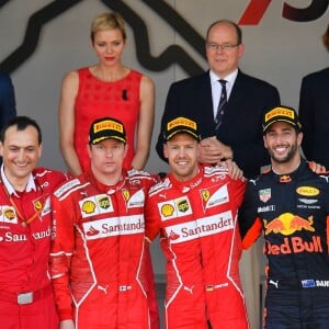 Podium vainqueur Sébastian Vettel, 2éme Kimi Raikkonen, 3ème Daniel Ricciardo. Au fond de gauche à droite: Serge Telle, Pierre Casiraghi, la princesse Charlène de Monaco, le prince Albert II de Monaco , Andrea Casiraghi, Michel Boéri, président Automobile club de Monaco - 75e Grand Prix F1 de Monaco, le 28 mai 2017. © Michael Alesi / Bestimage