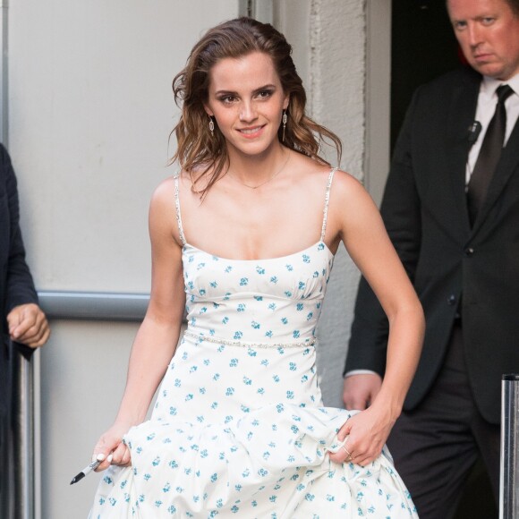 Exclusif - Emma Watson, dans une robe Miu Miu, accompagnée de souliers Santoni et de boucles d'oreilles Azlee, quittant le cinéma UGC Normandie après le photocall de l'avant-première du film "The Circle" à Paris le 21 juin 2017.