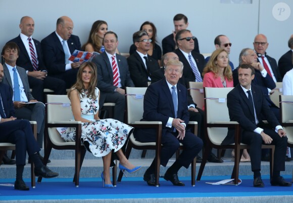 Melania Trump, son mari le président des Etats-Unis Donald Trump, le président de la République Emmanuel Macron et les membres du gouvernement lors du défilé du 14 juillet (fête nationale), place de la Concorde, à Paris, le 14 juillet 2017, avec comme invité d'honneur le président des Etats-Unis. © Dominique Jacovides/Bestimage