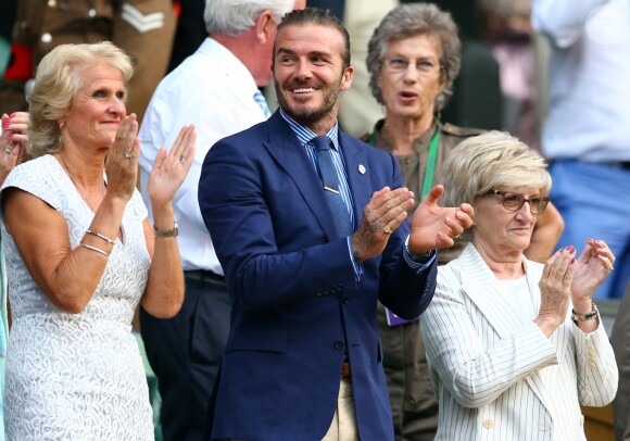 Gill Brook, David Beckham et sa mère Sandra Beckham à Wimbledon. Le 7 juillet 2017.