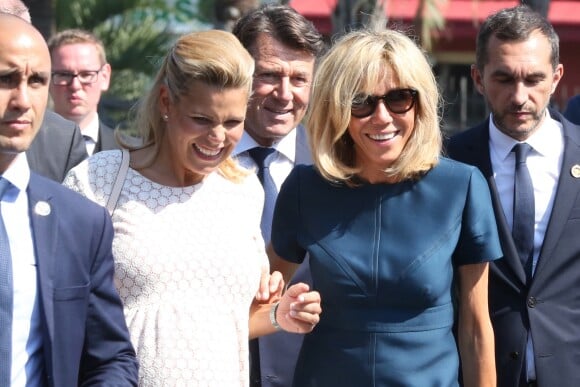 Laura Tenoudji (enceinte), son mari Christian Estrosi, maire de Nice, Brigitte Macron (Trogneux), Pierre-Olivier Costa lors de la cérémonie d'hommage aux victimes de l'attentat du 14 juillet 2016 à Nice, le 14 juillet 2017. © Bahi/Bestimage