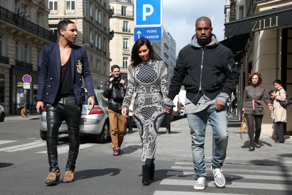Olivier Rousteing, Kim Kardashian et Kanye West à Paris. Le 14 avril 2014.