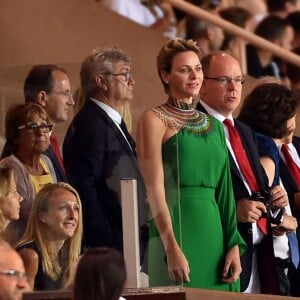 Le prince Albert II de Monaco et la princesse Charlene durant le meeting international d'athlétisme Herculis 2017 à Monaco, au stade Louis II le 21 juillet. © Bruno Bebert/Bestimage