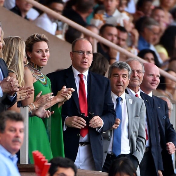 Sergueï Bubka, la princesse Charlene de Monaco et le prince Albert II de Monaco durant le meeting international d'athlétisme Herculis 2017 à Monaco, au stade Louis II le 21 juillet. © Bruno Bebert/Bestimage