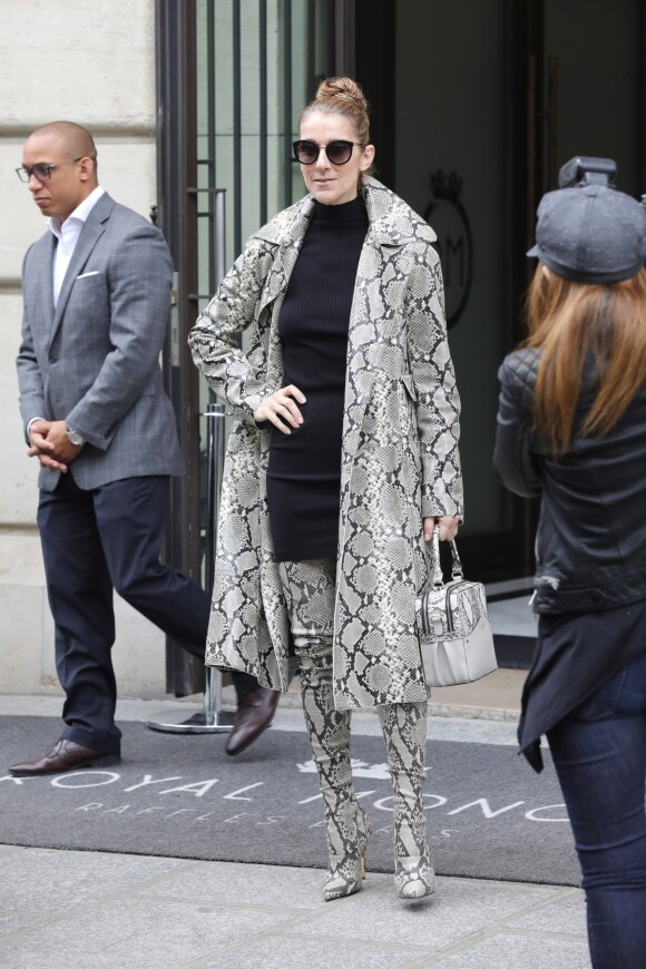 Céline Dion, surprise par l'accueil des photographes, quitte son hôtel, le "Royal Monceau", à Paris, pour se rendre à son concert à Birmingham. Le 27 juillet 2017