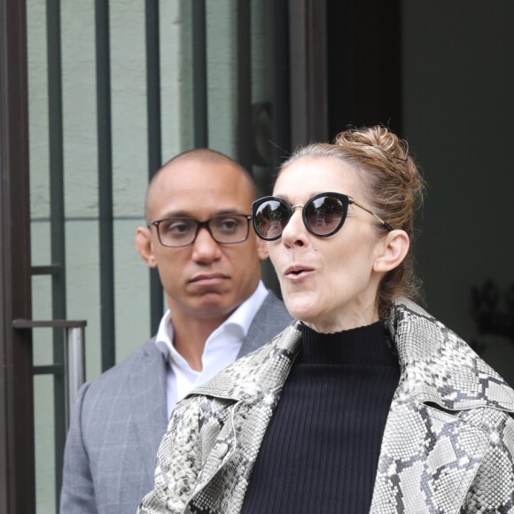 Céline Dion, surprise par l'accueil des photographes, quitte son hôtel, le "Royal Monceau", à Paris, pour se rendre à son concert à Birmingham. Le 27 juillet 2017