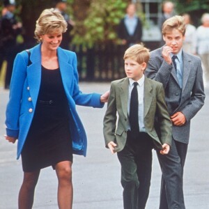 Lady Di avec les princes William et Harry à la sortie de l'Eton College en novembre 1995.