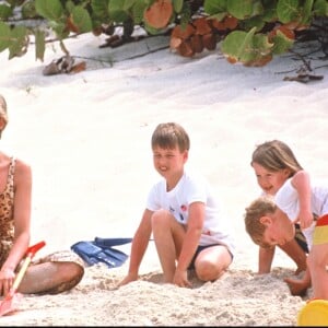 Lady Di avec les princes William et Harry sur une plage des Iles Vierges en avril 1990.