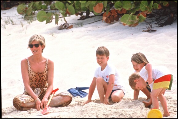 Lady Di avec les princes William et Harry sur une plage des Iles Vierges en avril 1990.