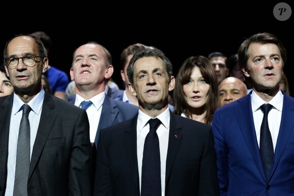 Eric Woerth, Nicolas Sarkozy, Carla Bruni-Sarkozy et François Baroin - Meeting "Tout pour la France" de Nicolas Sarkozy au Zénith de Paris, France, le 9 octobre 2016. © Stéphane Lemouton/Bestimage