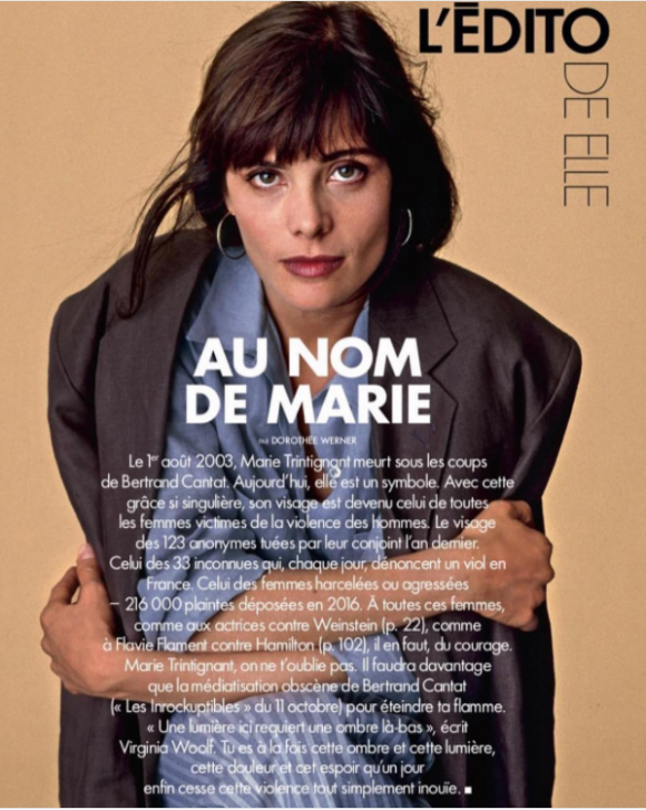 Hommage à Marie Trintignant dans le magazine ELLE, octobre 2017.