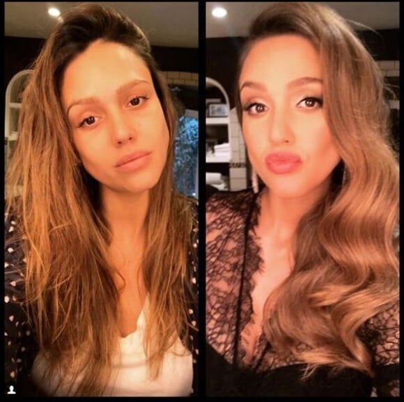Avant-après maquillage publié par Jessica Alba sur Instagram le 11 novembre 2017.