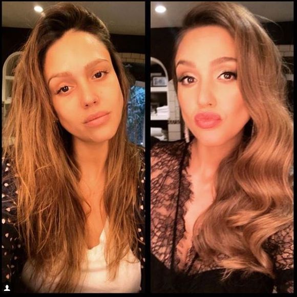 Avant-après maquillage publié par Jessica Alba sur Instagram le 11 novembre 2017.